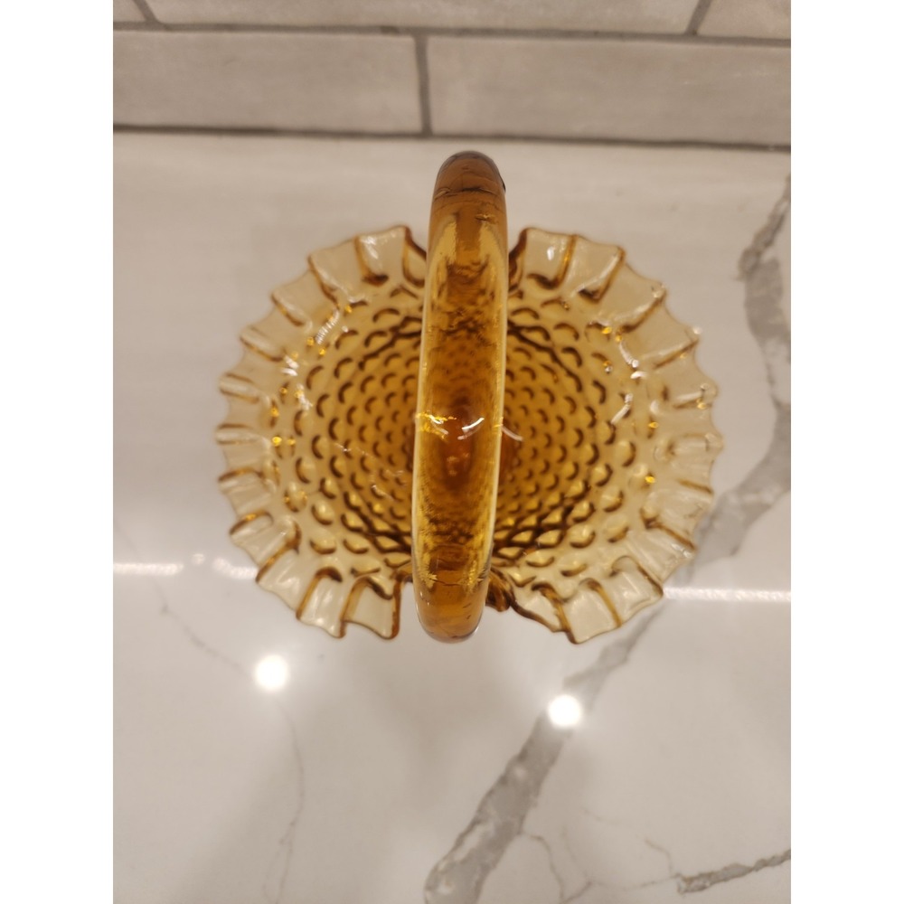 Fenton Vintage Amber Hobnail Glass Basket Ruffled Crimped Edges - Picture 2 of 9